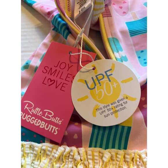 Ruffle Butts Baby Girls UPF 50+ Pink Ice Cream Print Long Sleeve Swimsuit - Picture 5 of 12